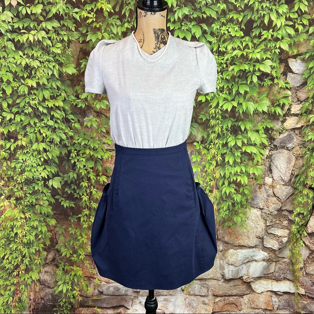 CARVEN Gray and Navy Quiet Luxury Color Block Cotton Dress, FR 36/US 4 - Picture 4 of 15